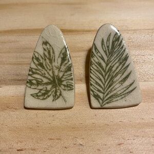 Handmade Ceramic Leaf Earrings in Sage Green